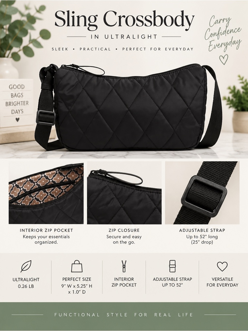 Vera Bradley Black Quilted Sling Crossbody